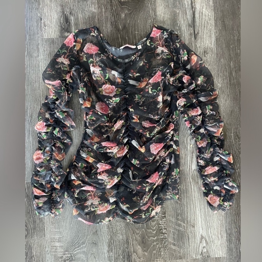 Vintage Y2K Mesh Ruched Top Floral Long Sleeve Under or Over lay Black sheer
